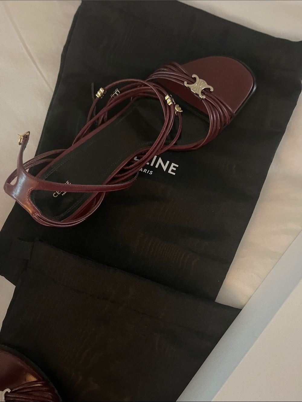 Celine Burgundy Multi‑Strap Leather Sandals with Gold Logo